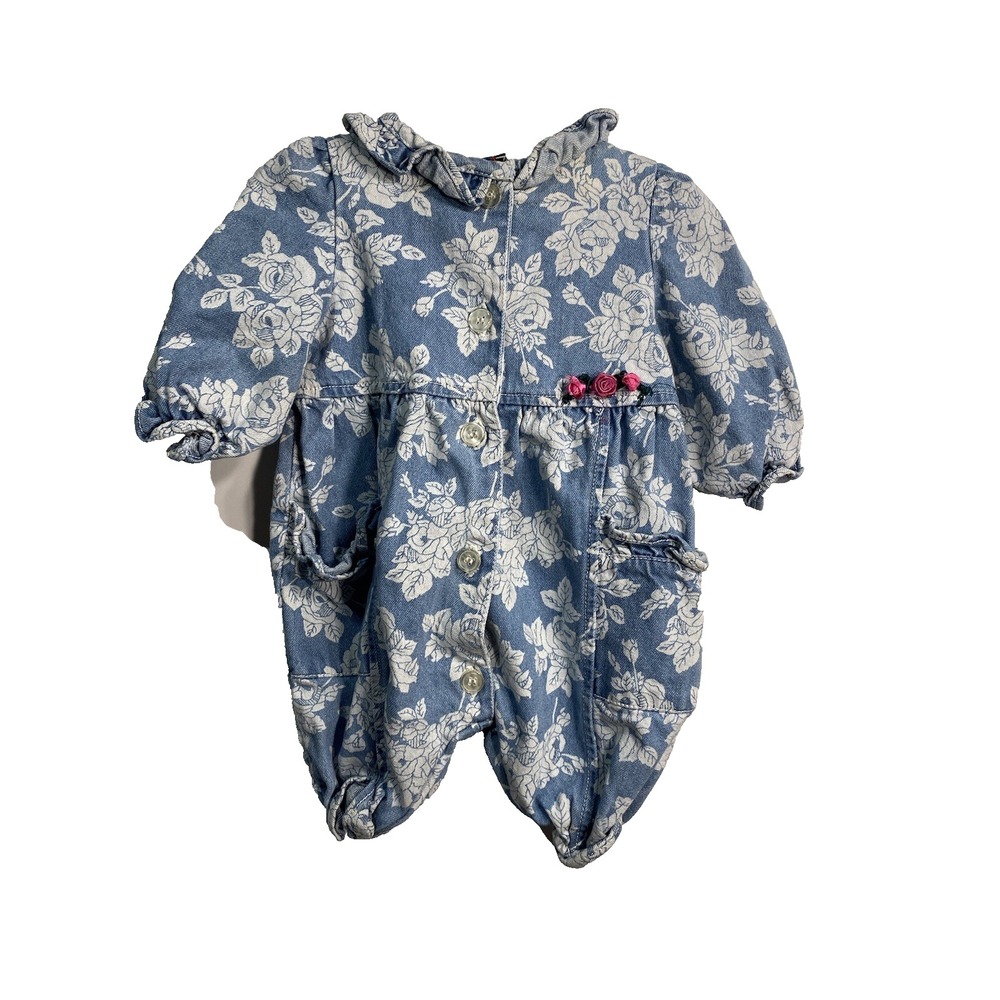 jet set vintage baby girls blue denim floral long sleeve romper pants size 6 m